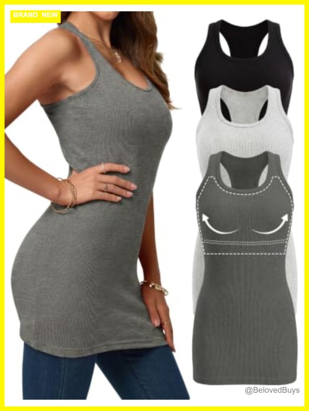 Extra Long Racerback Tank Tops with Shelf Bra Ribbed Cotton Blend Slim Fit